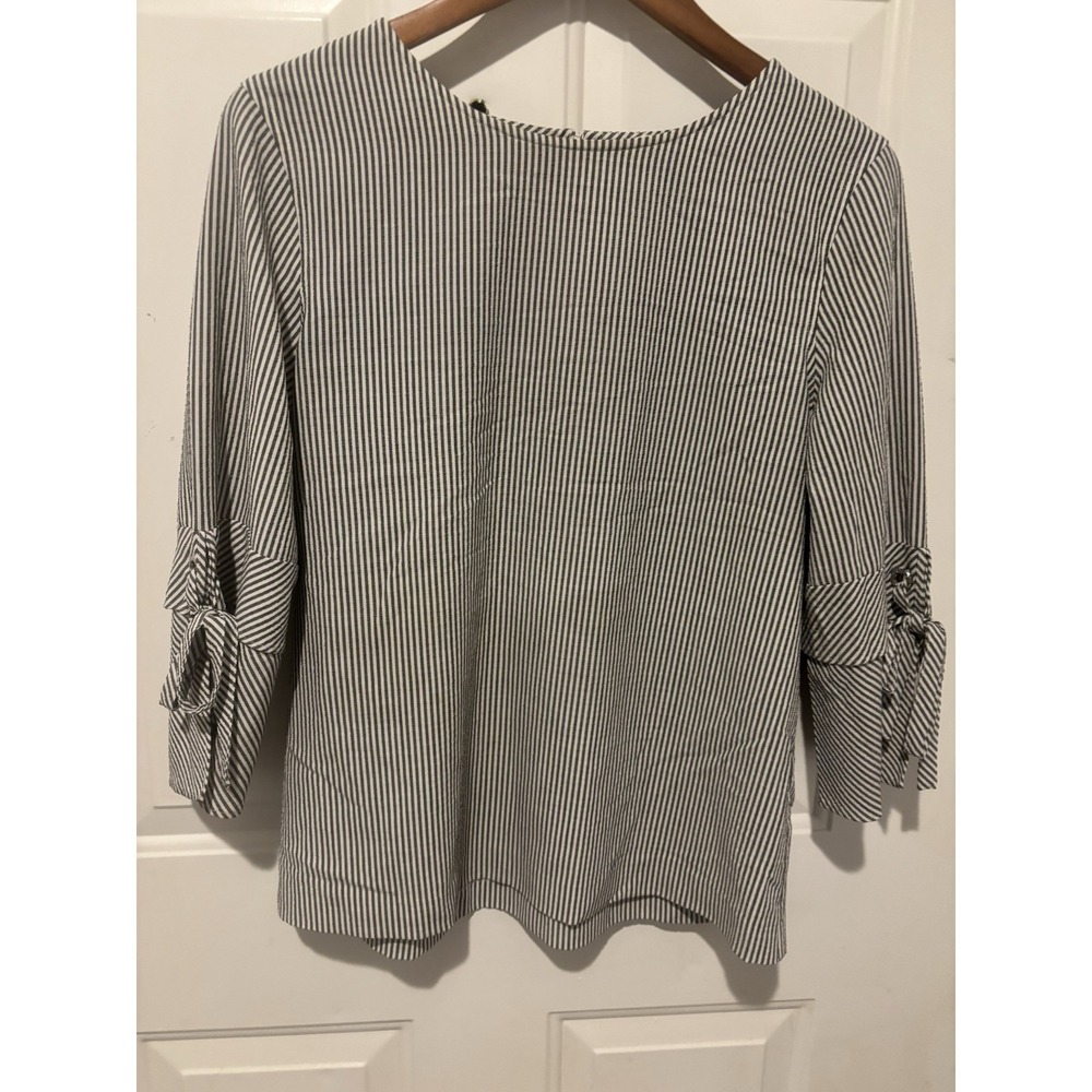 Calvin Klein Blouse Striped‎  3/4 Ruffle Sleeve Black White Women's Top Medium